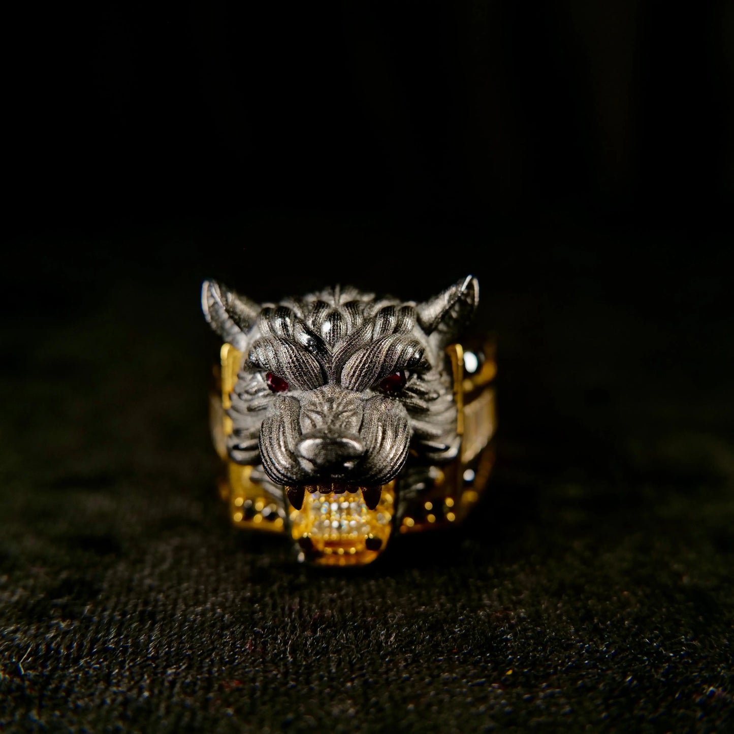 3D Wolf Head Ring facing front slight left 2- Frozen Gold Jewellers