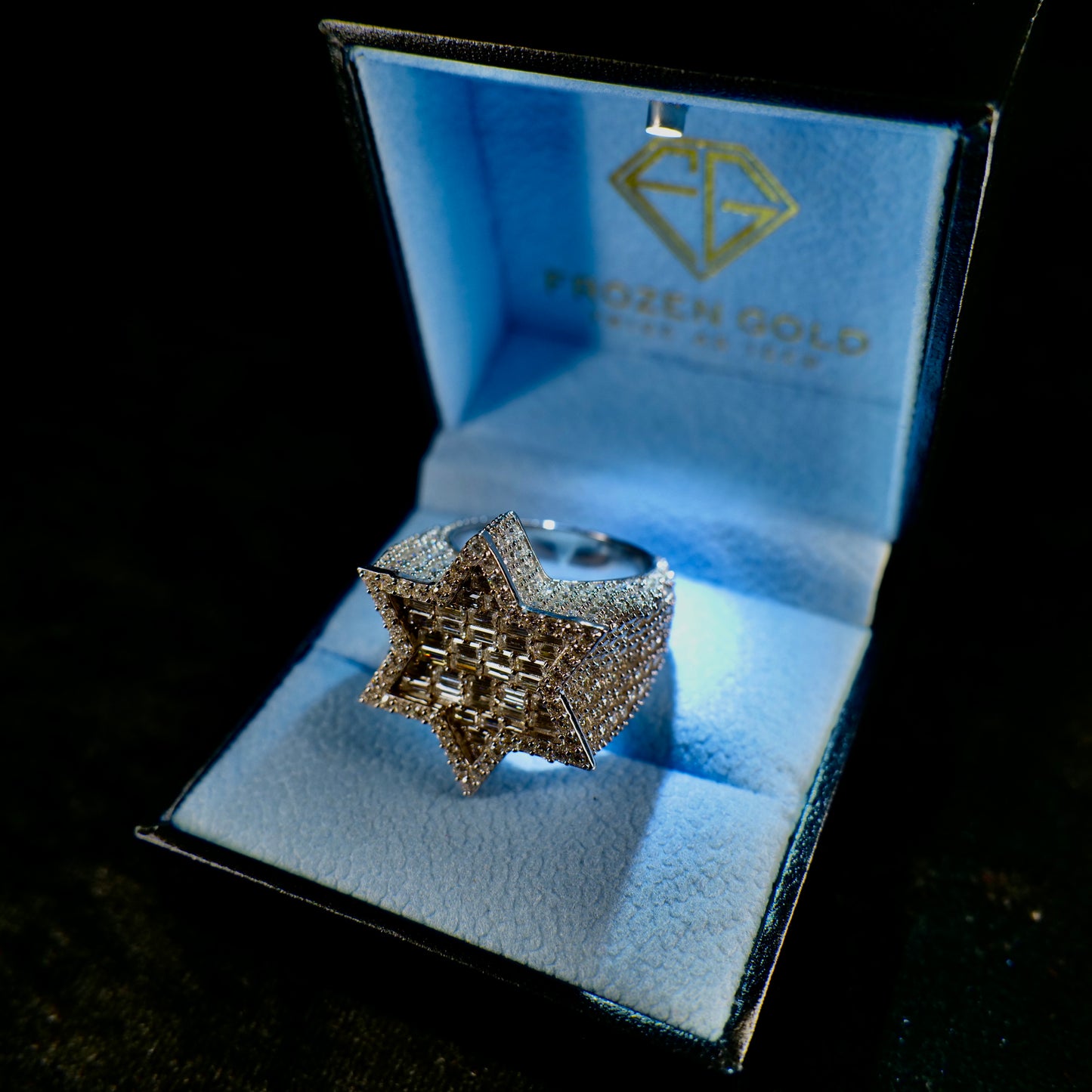 Moissanite Star Ring in Frozen Gold Icebox High Angle Right 2