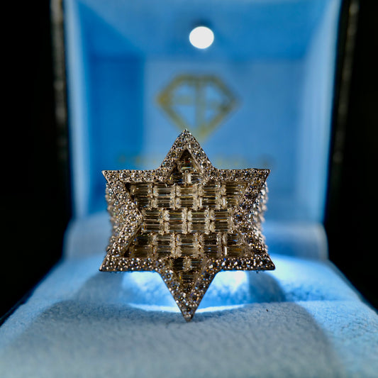 Moissanite Star Ring in Frozen Gold Icebox Straight On Close Up Ring Front