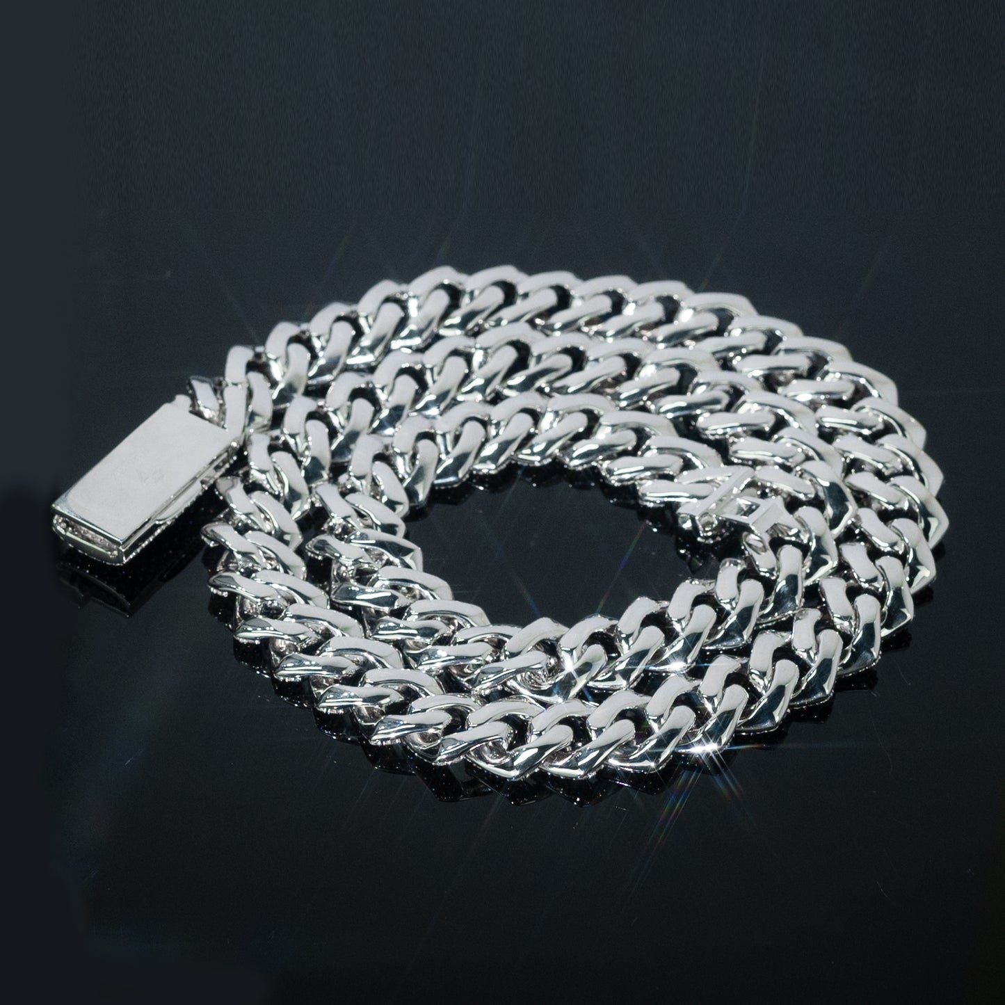 The Back of 15mm Moissanite Cuban Link Chain/Bracelet Custom Clasp - Frozen Gold Jewellers