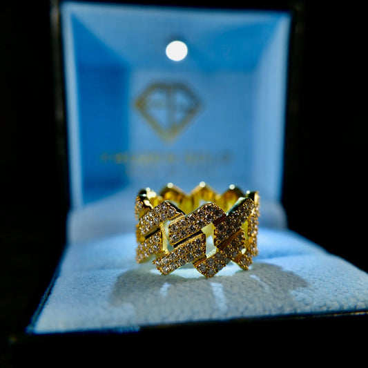 Y/Gold Cuban Ring in Frozen Gold Icebox Jewellery Box - From left