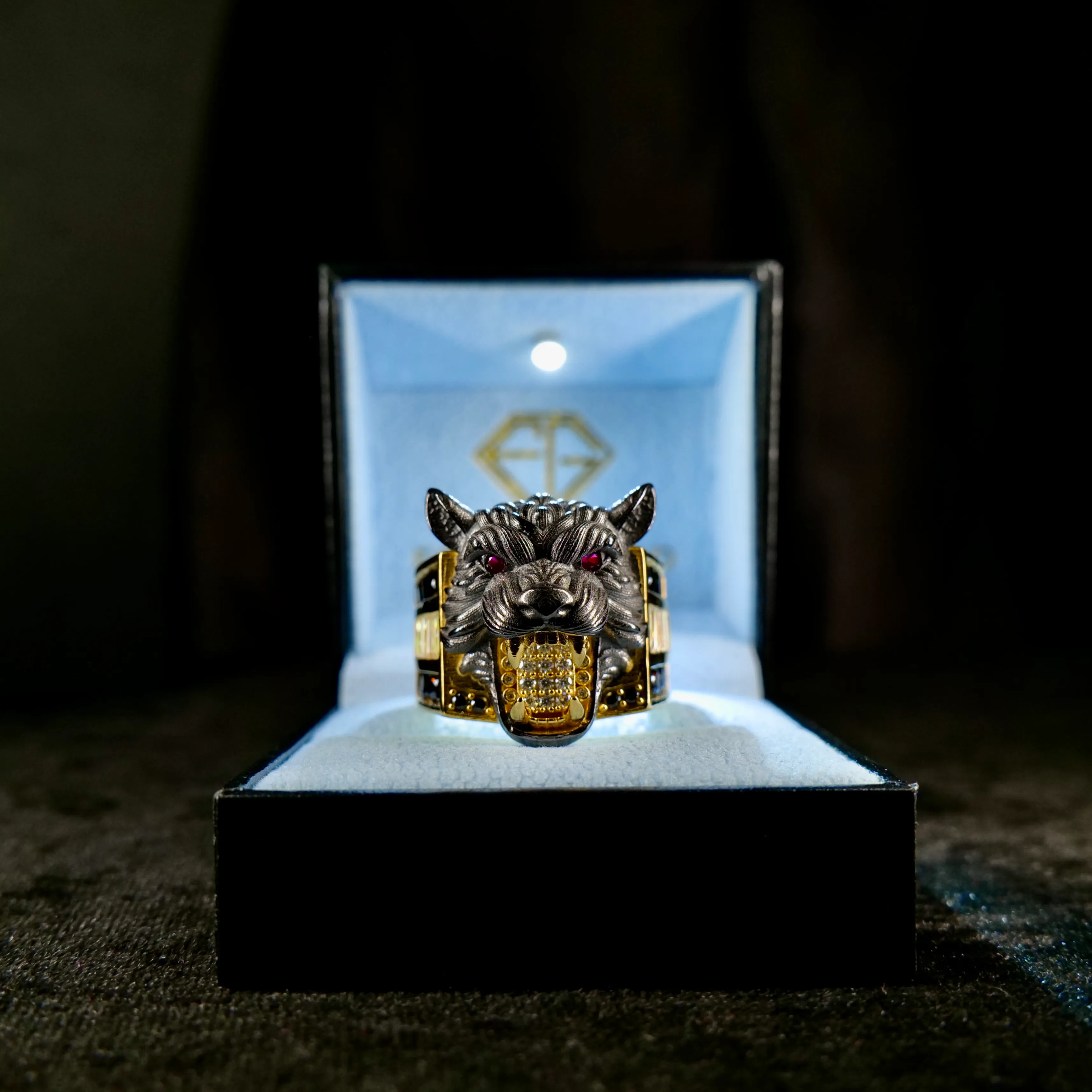 Wolf head ring · ruby eyes, pavé jaw