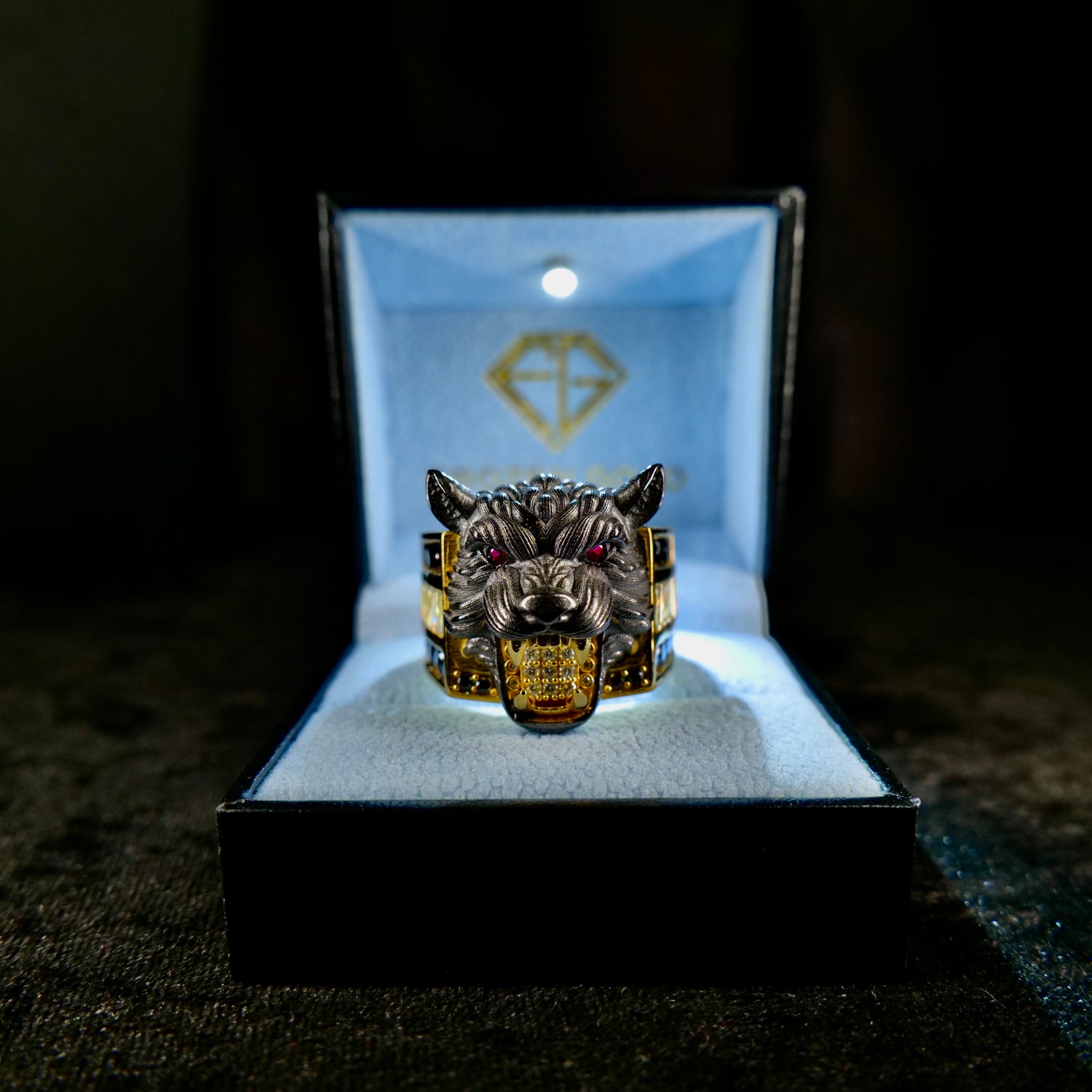 3D Wolf Head Ring Forward Shot in Frozen Gold Icebox - Frozen Gold Jewellers