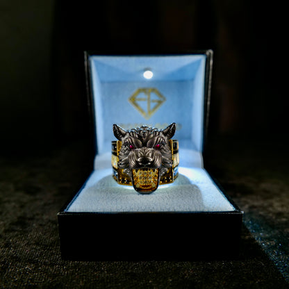 3D Wolf Head Ring Forward Shot in Frozen Gold Icebox - Frozen Gold Jewellers