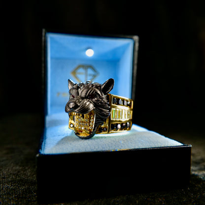 3D Wolf Head Ring From left angled left 2 in Frozen Gold Icebox - Frozen Gold Jewellers