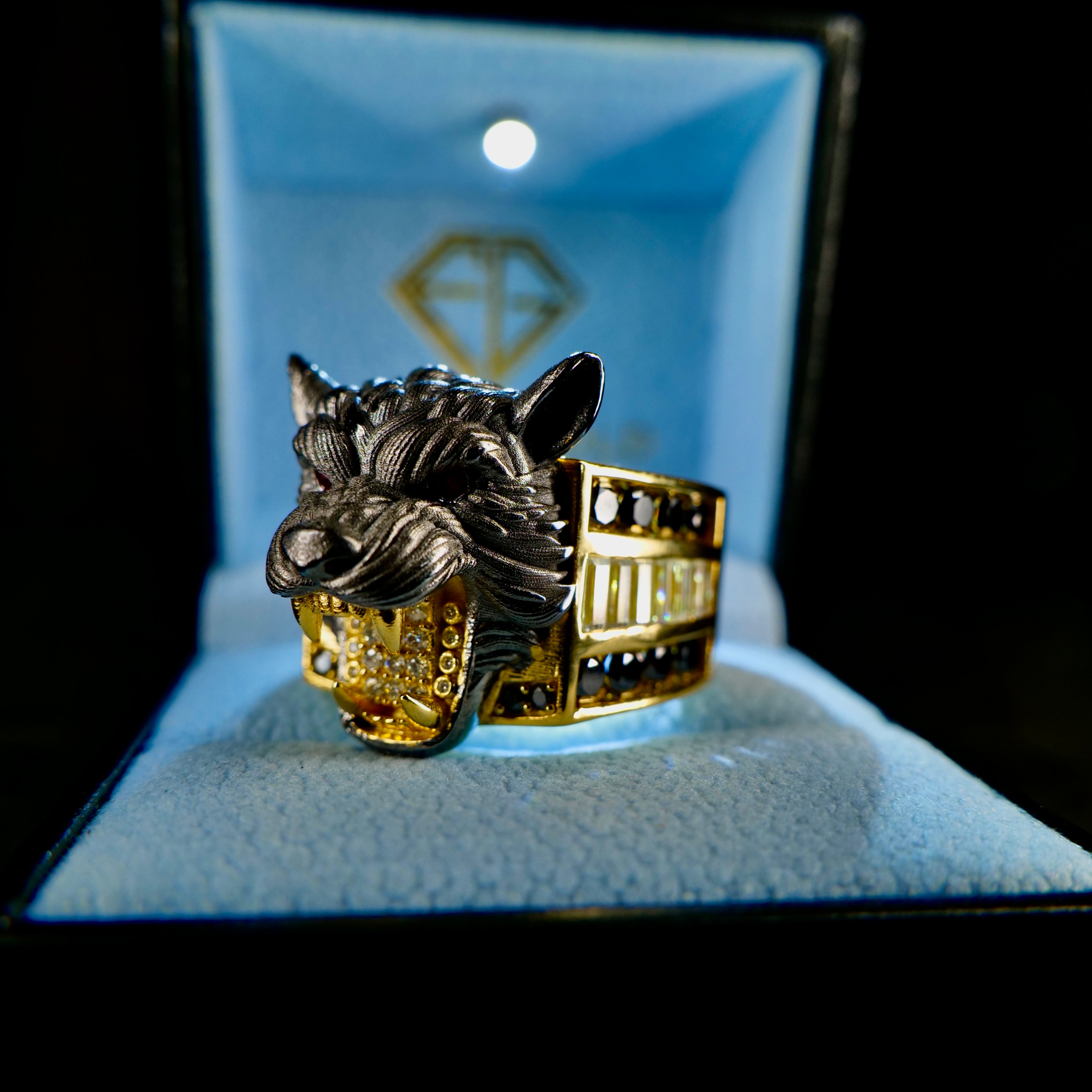 3D Wolf Head Ring From left angled left in Frozen Gold Icebox - Frozen Gold Jewellers