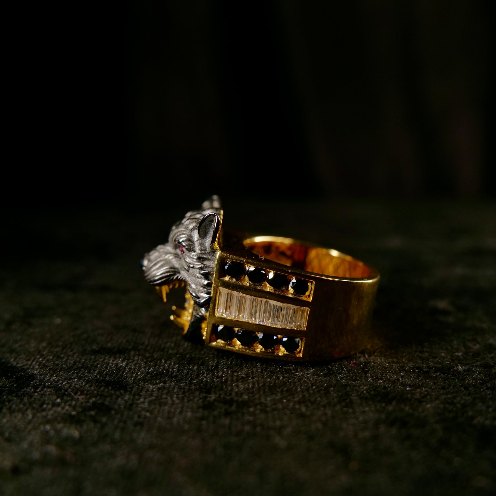 3D Wolf Head Ring facing far left - Frozen Gold Jewellers