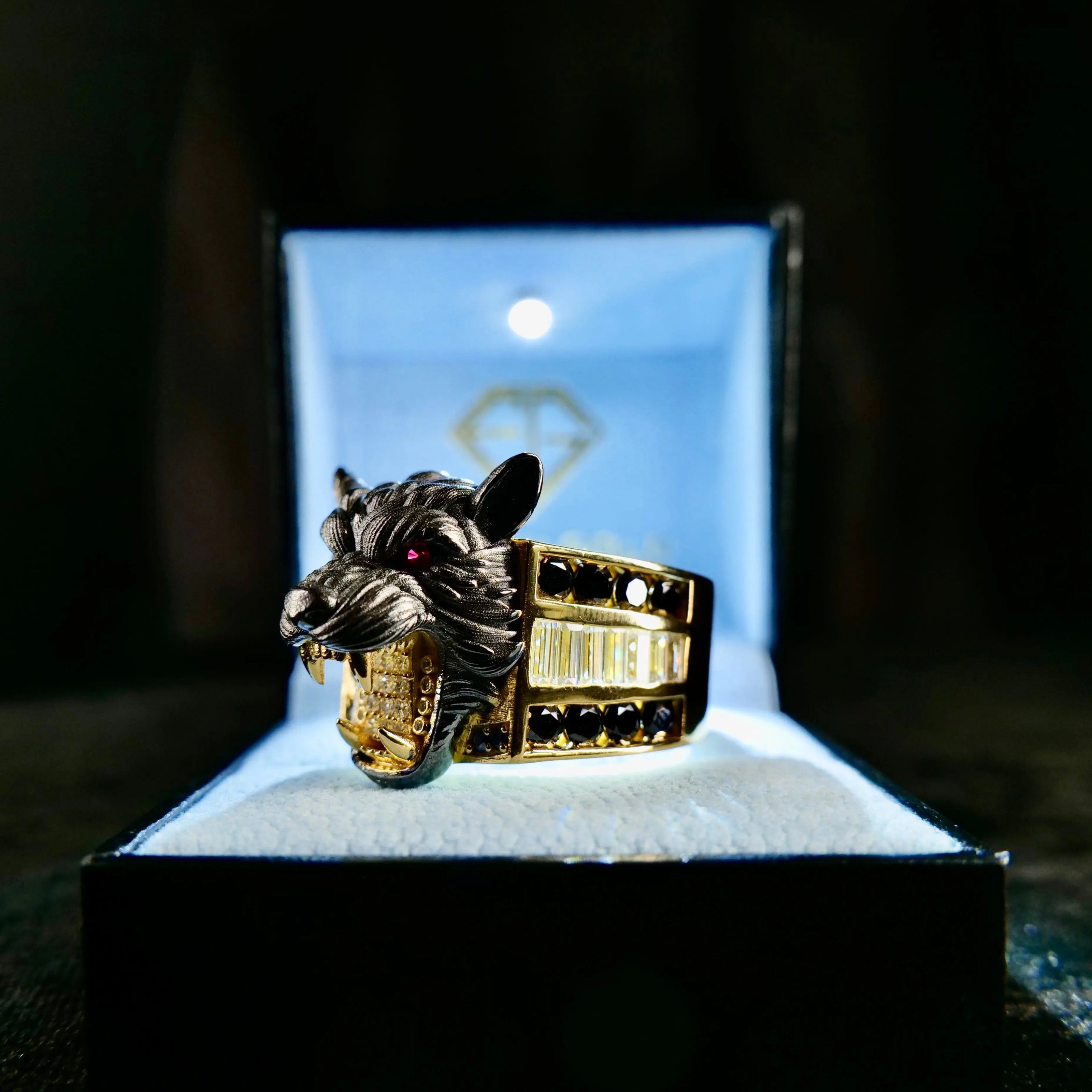 3D Wolf Head Ring in Frozen Gold Icebox Close up Glowing Eyes - Frozen Gold Jewellers