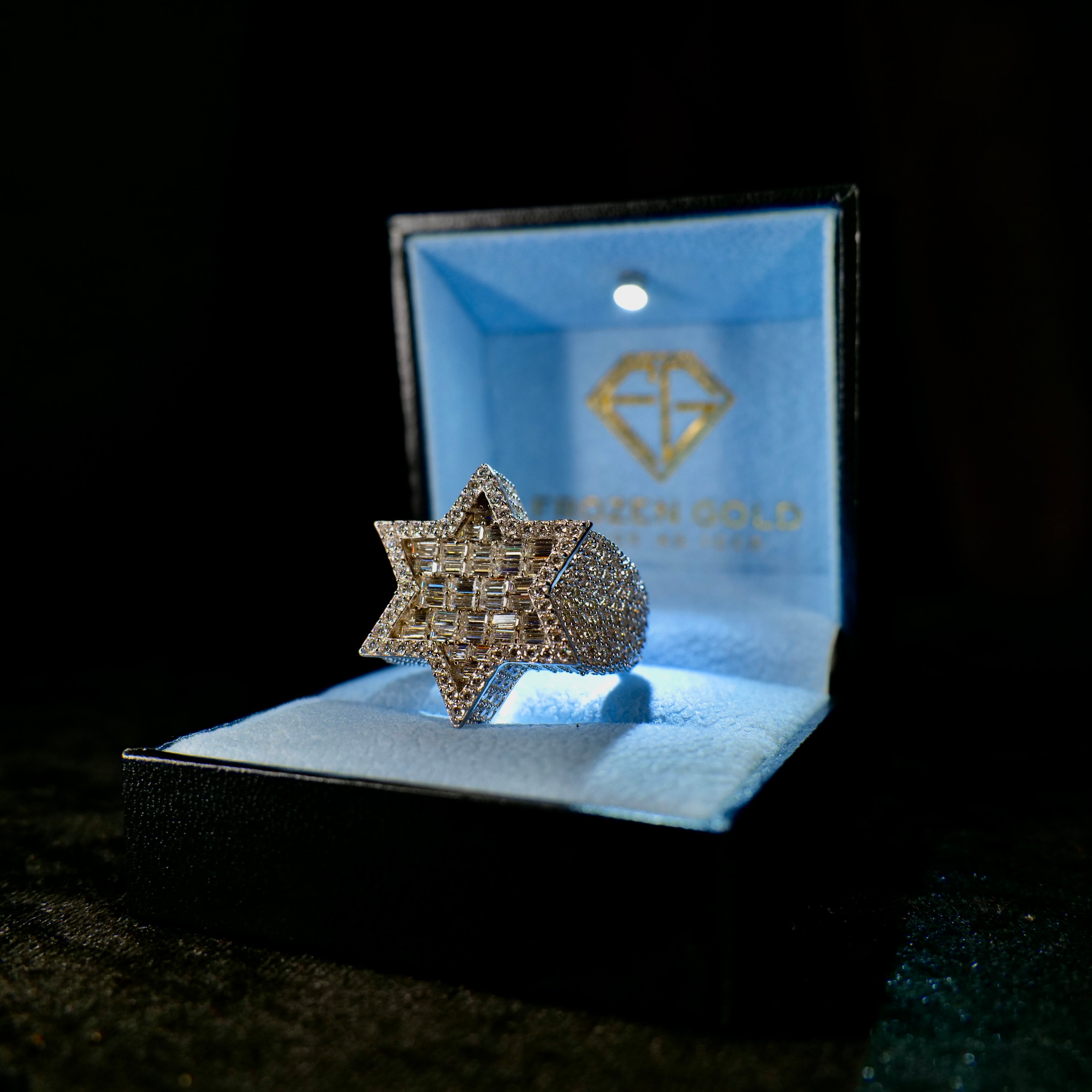 Moissanite Star Ring in Frozen Gold Icebox Angled Right 2