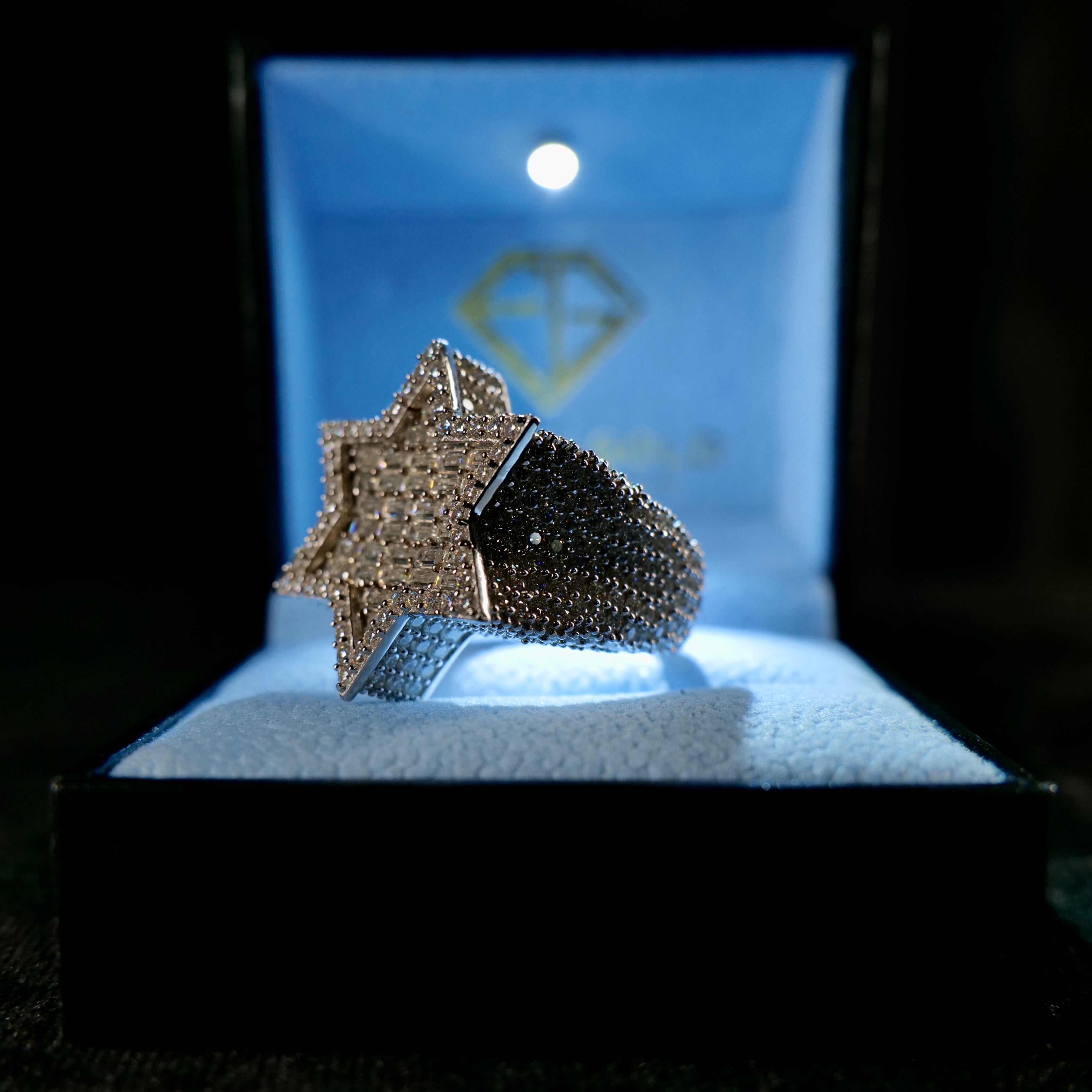 Moissanite Star Ring in Frozen Gold Icebox Straight On Ring Angled Left