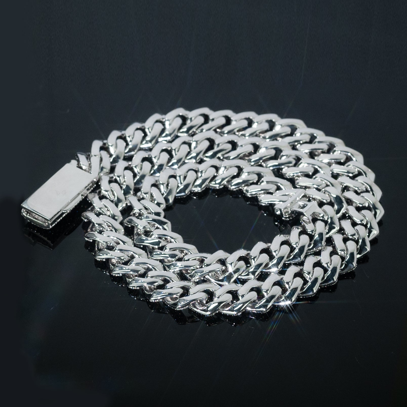 The Back of 15mm Moissanite Cuban Link Chain/Bracelet Custom Clasp - Frozen Gold Jewellers