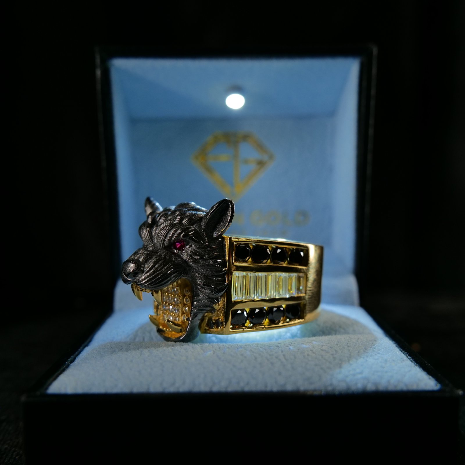 Gold wolf head ring with a ruby eye and diamond-set band