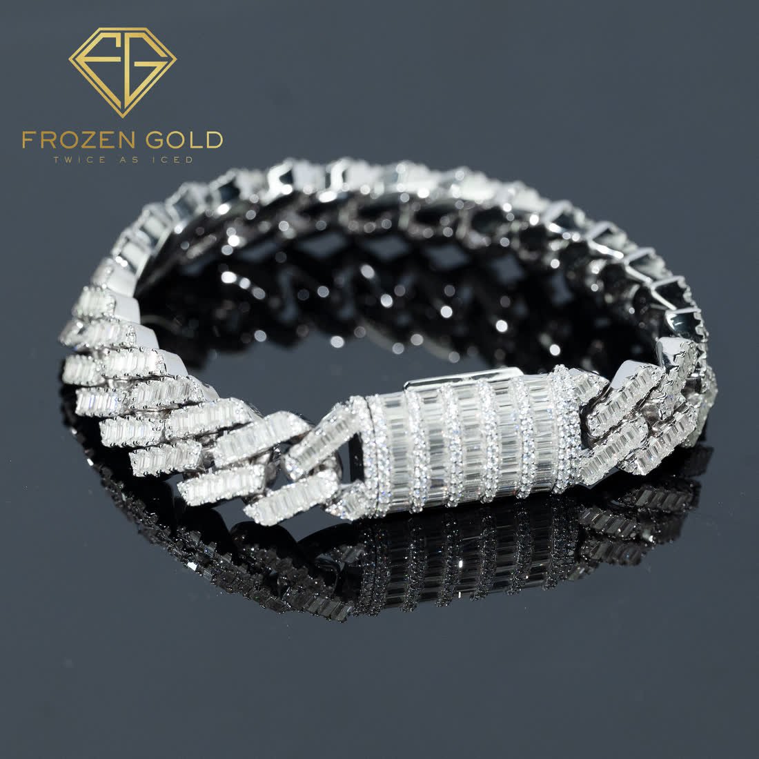 15mm baguette Cuban bracelet in white gold