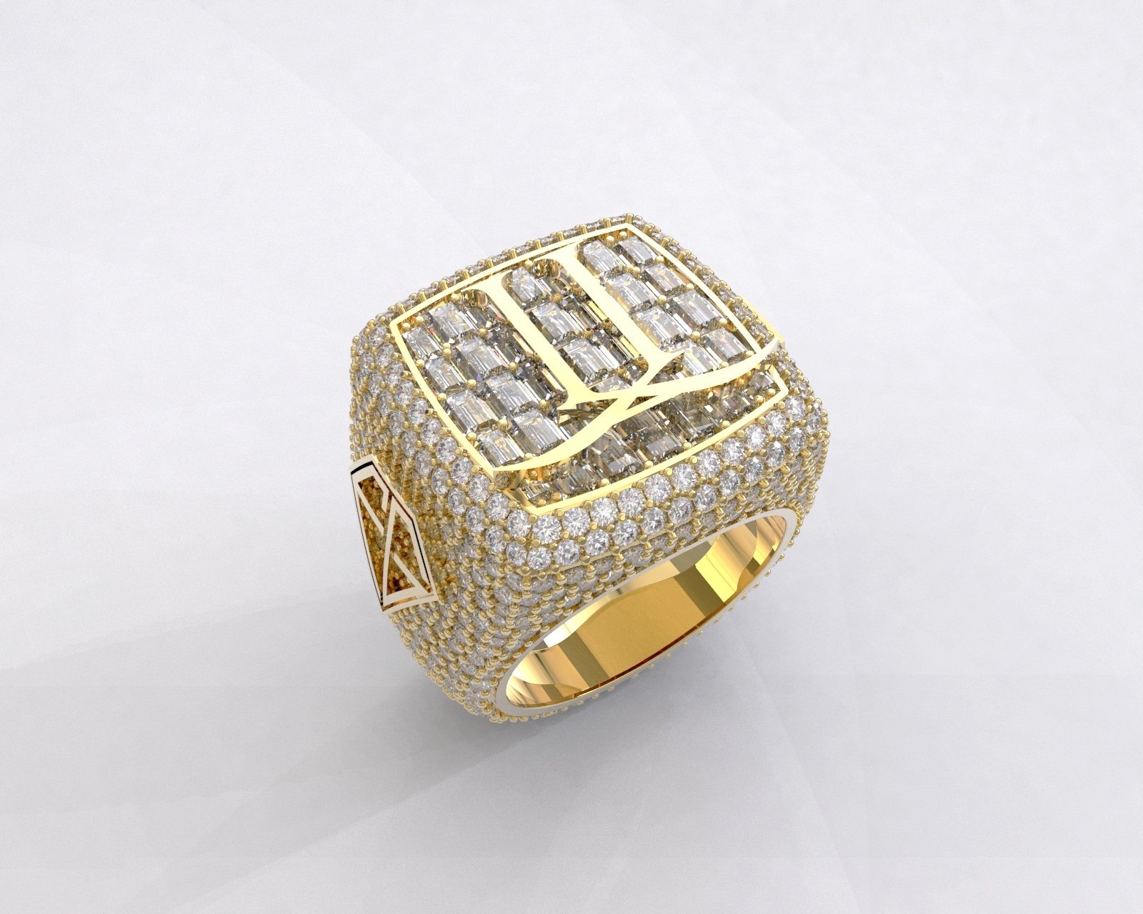 Yellow gold Frozen Gold logo ring with baguette-set face